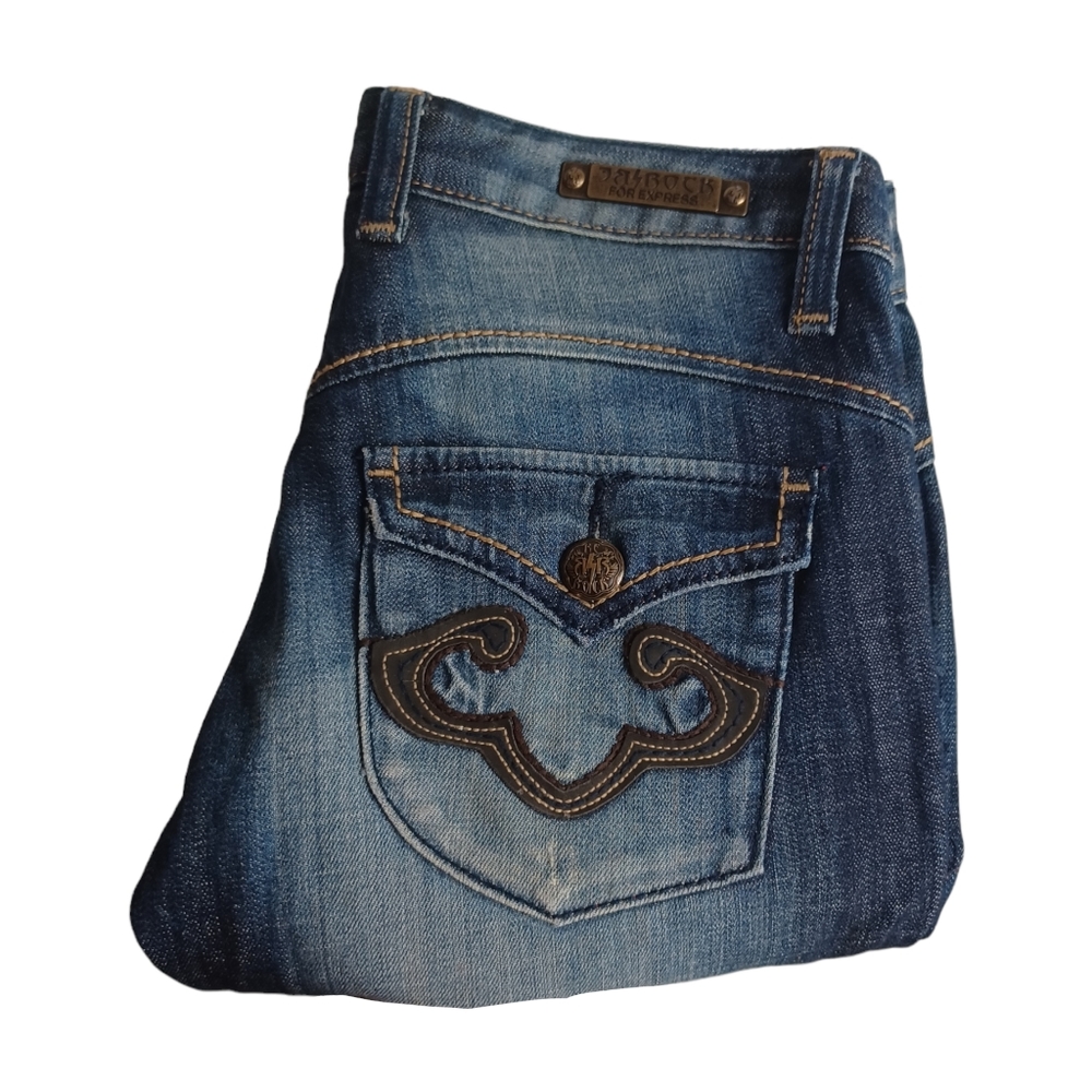 REROCK FOR EXPRESS Dark Blue Boot Cut Distressed Button Flap Pocket Jeans 0